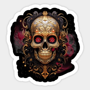 Golden Psychedelic skull with flowers as eyes and smoking background Sticker